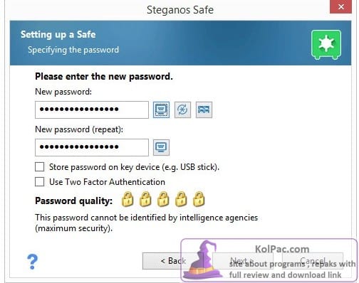 Steganos Safe settings